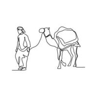 uno continuo línea dibujo de personas son montando camellos en el Desierto como símbolo para hégira. islámico nuevo año fiesta concepto en sencillo lineal estilo. islámico nuevo año diseño concepto vector ilustración