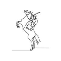 uno continuo línea dibujo de ilustración de un soldado montando un caballo durante guerra. soldado montando un caballo concepto en sencillo lineal estilo continuo línea. soldado concepto vector ilustración.