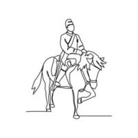 uno continuo línea dibujo de ilustración de un soldado montando un caballo durante guerra. soldado montando un caballo concepto en sencillo lineal estilo continuo línea. soldado concepto vector ilustración.