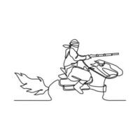 uno continuo línea dibujo de ilustración de un soldado montando un caballo durante guerra. soldado montando un caballo concepto en sencillo lineal estilo continuo línea. soldado concepto vector ilustración.