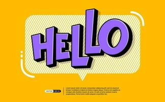 Hello, Hi speech bubble in cartoon style 3d bold concept. Modern White bubble with message Text Hello , yellow background for banner, poster, sticker. Vector Illustration