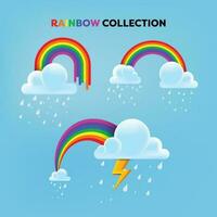 Vector illustration of colorful monsoon rainbow set with realistic clouds