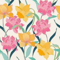 Yellow Daffodil and Pink Peony Hand Drawn Seamless Pattern vector