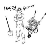 A young farmer stands with a shovel and a cart with vegetables.Agriculture concept.Farming.Vector illustration. vector