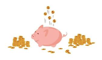 The concept of money, investment, banking or business services.Pig bank with coins icons.Hand drawn. Saving money. Vector illustration.Hand made.