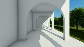 3d animation of walking video in white castle hallway and trees
