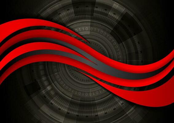 Red waves on dark technology gear background