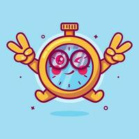 cheerful stopwatch character mascot with peace sign hand gesture isolated cartoon in flat style design vector