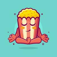 calm popcorn character mascot with yoga meditation pose isolated cartoon in flat style design vector