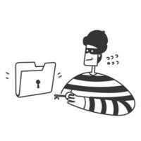 hand drawn doodle thief trying to steal encrypted locked folder files with key vector