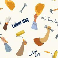 Labor day doodle seamless pattern or background. Different workers hands holding tools. Painter, builder mechanic. Modern flat vector print design.