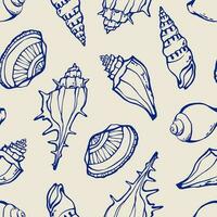 Marine seamless pattern. Different cockle shells and seashells blue line sketch drawing on beige background. Bathroom wallpapers, textile pattern. Vector illustration.