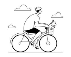 Man riding a byke. Young guy in helmet and sportswear drives a bicycle and carries a small dog in a basket. Black and white outline vector illustration isolated on white background.