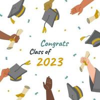 Graduation class of 2023 congrats card design with student hands throwing up caps and diplomas in the air. Modern flat vector illustration on white background.