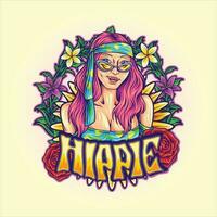 hippie niña alegre sonriente con bohemio marco ilustración vector ilustraciones para tu trabajo logo, mercancías camiseta, pegatinas y etiqueta diseños, póster, saludo tarjetas publicidad negocio