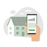 House with solar energy panels. Hand holding smartphone with electricity energy usage. Smart home technology concept. vector