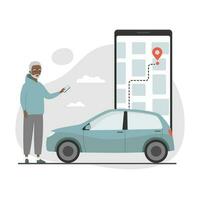 mayor hombre con teléfono inteligente ordenando coche en móvil solicitud. auto compartido servicio. plano dibujos animados estilo vector