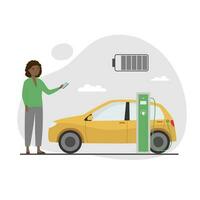 eléctrico coche cerca cargando estación. joven mujer con teléfono inteligente cargos su coche. verde electricidad energía consumo concepto. plano dibujos animados estilo. vector