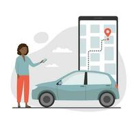 joven mujer con teléfono inteligente ordenando coche en móvil solicitud. auto compartido servicio. plano dibujos animados estilo vector