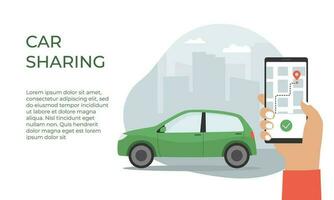 auto compartido Servicio aterrizaje página. coche alquiler Servicio vía móvil solicitud. teléfono inteligente con un aplicación a encontrar un coche ubicación. plano dibujos animados estilo. vector