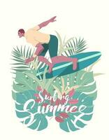 Young man in swimsuit ride surfboard on Colorful tropical leaves summer, Template with place for banner, text. Vector design illustration.