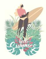 Young woman in swimming suit holding surfboard on Colorful tropical leaves summer, Template with place for banner, text. Vector design illustration.