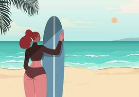 Young woman in swimming suit standing with surfboard on the beach. Vector design illustration.