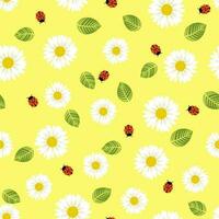 Chamomile flowers, leaves and ladybugs seamless pattern. Simple spring pattern for fabric and wrapping paper. vector