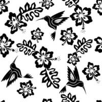 Flying exotic birds and hibiscus flowers seamless pattern. Line art sketch hummingbirds and botanical florals. vector