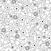 Ladybug in flowers. Hand drawn coloring for kids and adults. Beautiful simple drawings with patterns. Coloring book pictures with animals. Seamless pattern vector