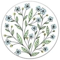 Round contour frame with artistically drawn small flowers on white background. Coloring. vector