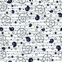 Seamless vector pattern with sea shells and stars on strip background. Print for fabric, web