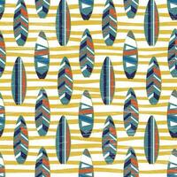 Sea surfing pattern with different type surf desks. Surfboard seamless background in retro colors with scuffs. Summer illustration. vector