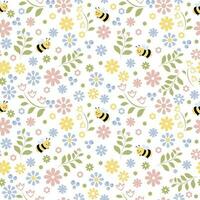 Cute hand drawn spring summer flowers and bees. Seamless floral pattern. Fabric design with simple flowers. Bright repeated pattern fabric cloth wallpaper wrap paper. vector