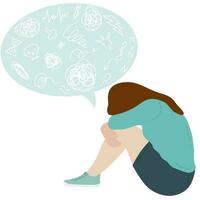 triste niña sentado en piso rodeado por corriente de pensamientos. estrés, mental trastorno, ansiedad, depresión, estrés, dolor de cabeza. vector ilustración
