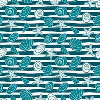 Different seashells and starfish on a striped background. vector