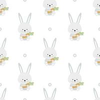 Cute bunnies with carrots and flowers. Childish pattern with rabbits and carrots. Print for newborn girl or boy. vector