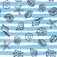 Seamless vector pattern with sea shells and sea stars on strip background. Marine seamless pattern