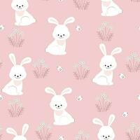 Seamless pattern rabbit, bird and flowers. Beautiful Decorative Bunny pink Background, Element for design. Design print for textile. vector