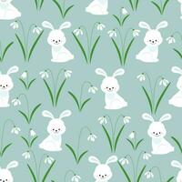 Snowdrops flower with white bunny. Hand drawn vector seamless pattern. Easter spring design