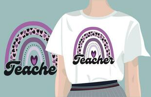 teacher rainbow design for t-shirts, tote bags, cards, frame artwork, phone cases, mugs, tumblers, prints, etc with women t-shirt mockup. vector