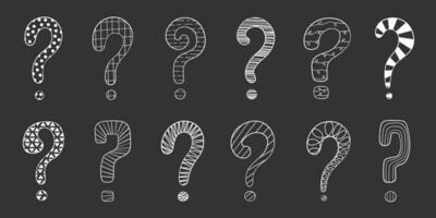 Question mark set hand drawn in doodle style, vector illustration. Icon question symbol for print and design. Quiz and Exam concept, isolated elements on a chalkboard background. Graphic sign ask