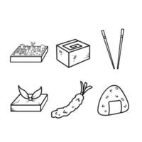 Bento or lunchbox outline only vector icon set collection isolated on square white background. Simple flat minimalist cartoon art styled food drawing. Yummy food icon.