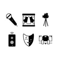 Cinema or performance themed vector icon silhouette set collection illustration isolated on square white background. Simple flat outlined minimalist cartoon art styled drawing.