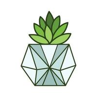 Hexagonal white pot small desk green cactus plant leaves for house decoration colored vector icon isolated on square white background. Simple flat minimalist outlined cartoon drawing.