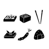 Bento or lunchbox vector icon black colored silhouette set collection isolated on square white background. Simple flat minimalist cartoon art styled food drawing. Yummy food icon.