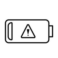 Almost empty dead triangle exclamation mark warning battery vector icon outlined isolated on square white background. Simple flat outlined minimalist sign icon drawing with technology power theme.