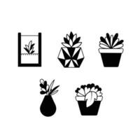 Cactus pot or home desk plant vector icon black and white silhouette set illustration isolated on square white background. Simple flat minimalist outlined cartoon drawing. Botanical natural art.