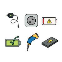 Charging or energy battery themed colored outlined vector icon illustration isolated on square white background. Simple flat outlined minimalist sign icon drawing with technology power theme.