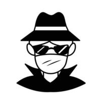 Incognito or anonymous person wearing black hat and coat with sunglasses vector icon isolated on square white background. Simple flat cartoon art styled drawing with cyber internet security.